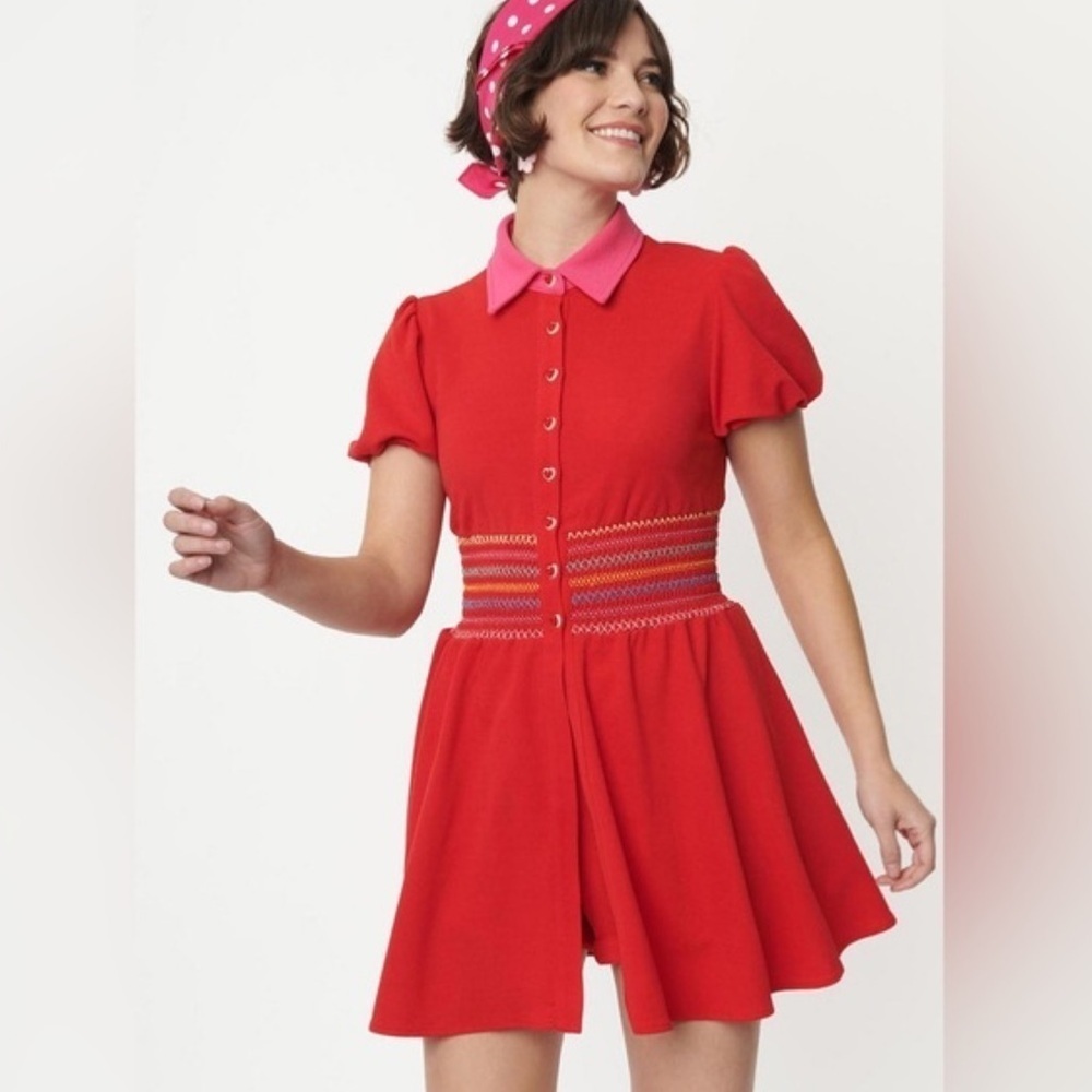Smak Parlour Rainbow Smocked Tunic Blouse Red Plus Size 4X K